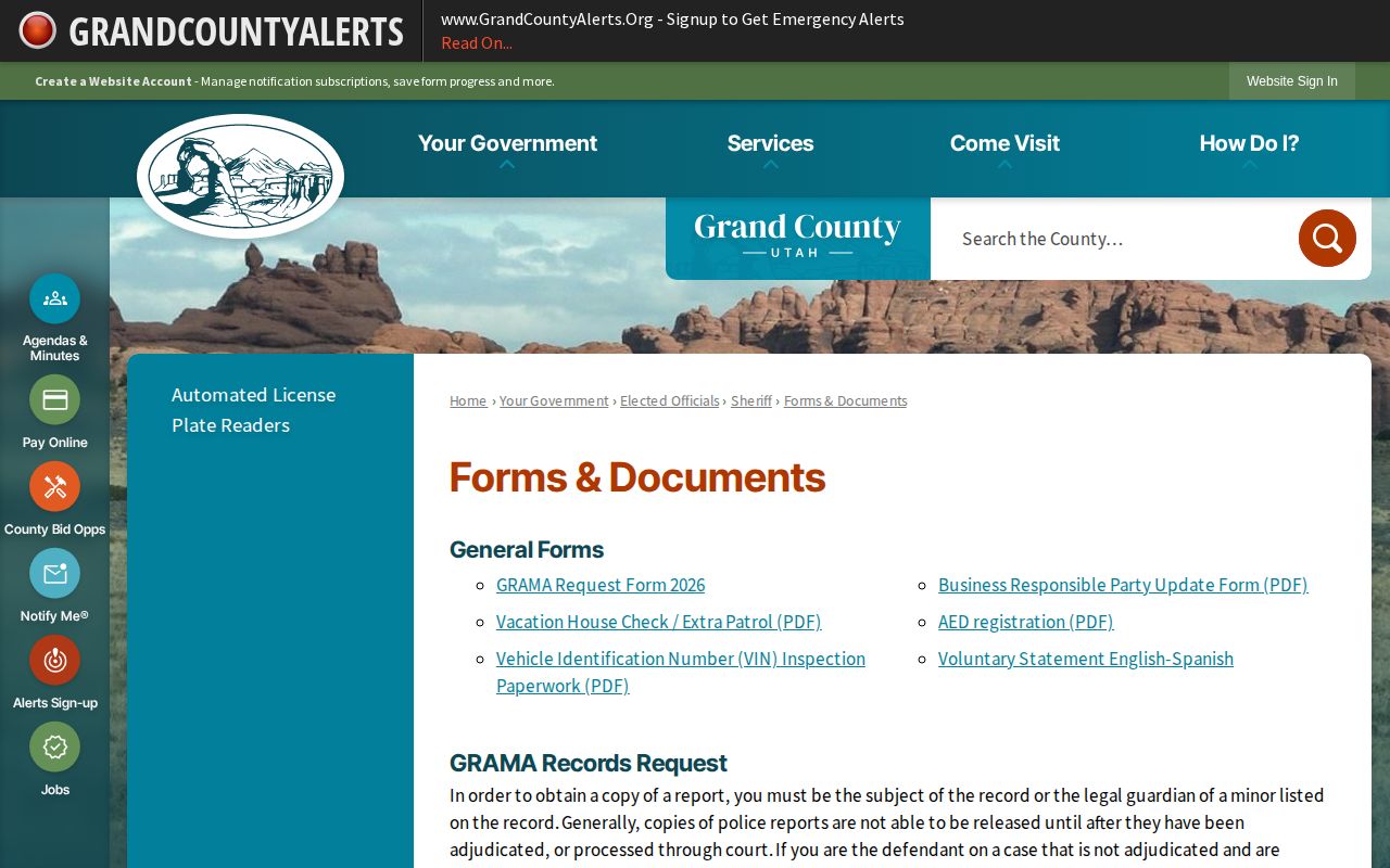 Grand County Sheriff GRAMA process for releases in the last 24 hours