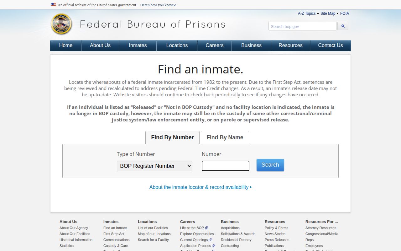 BOP Inmate Locator fields for a federal release connected to Grand County