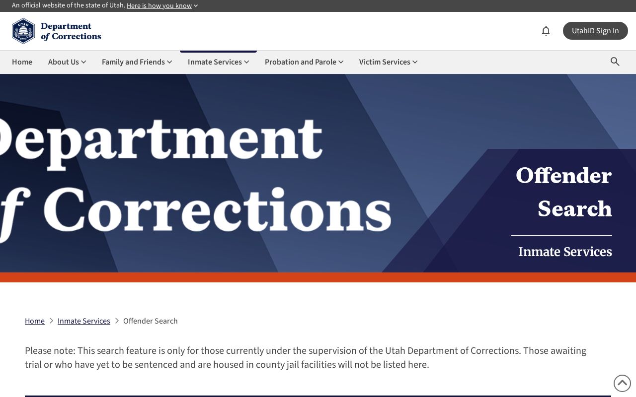 Utah UDC search fields for Grand County released inmates